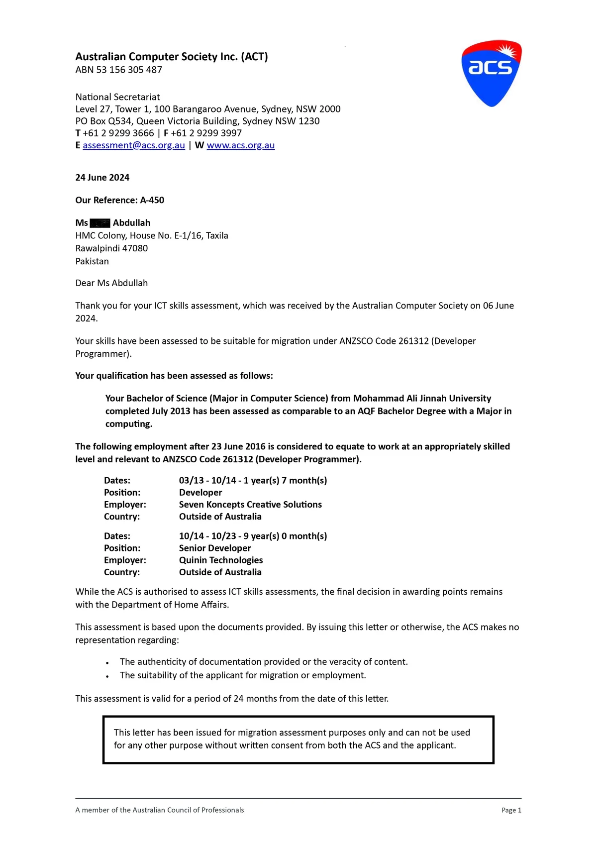 ACS positive assessment outcome for Developer Programmer