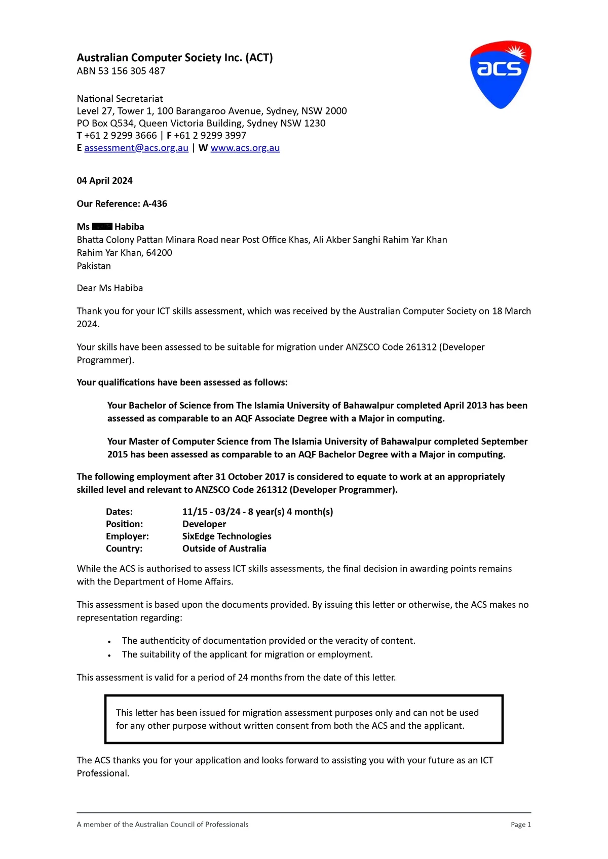 ACS positive assessment outcome for Developer Programmer