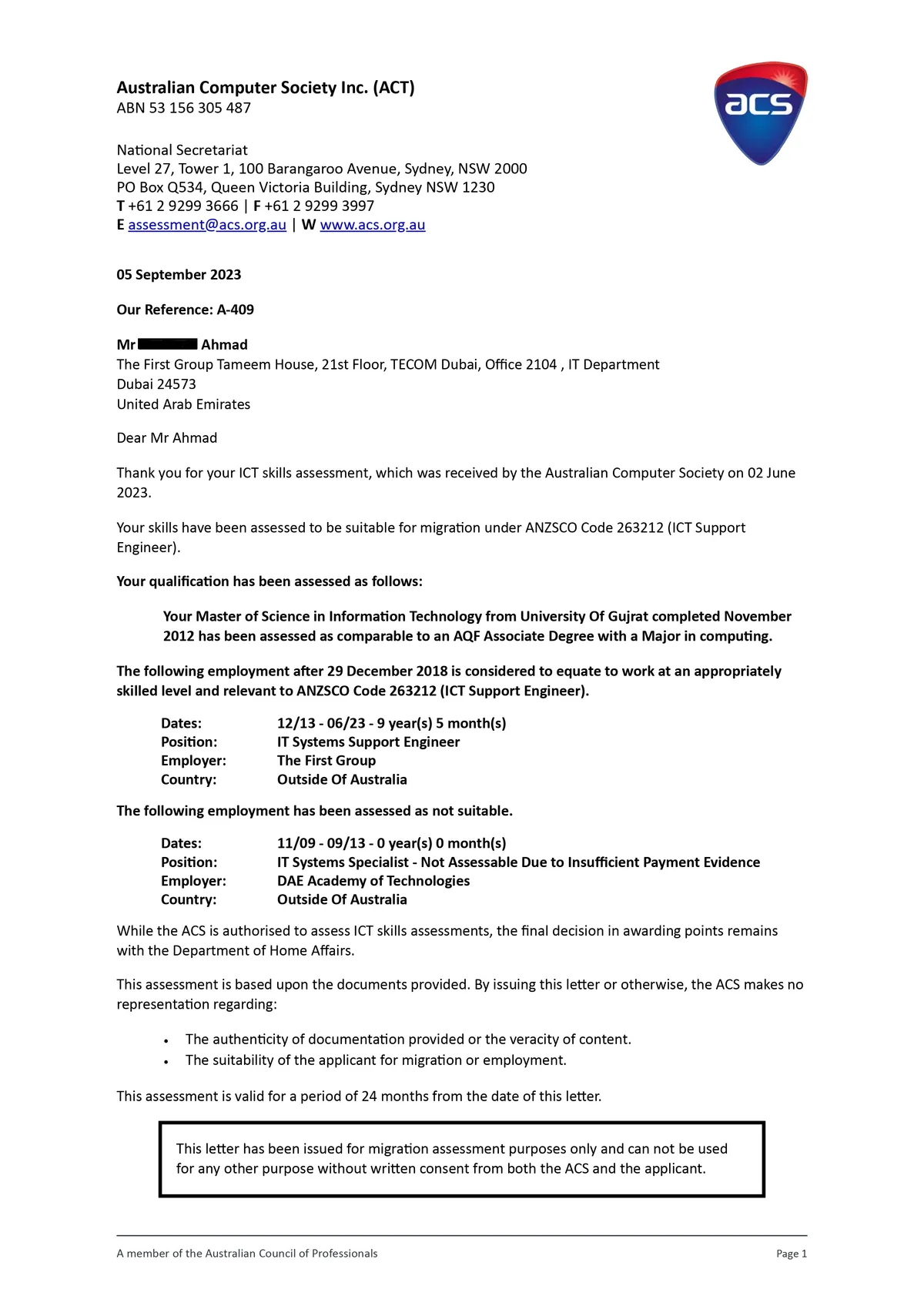 ACS positive assessment outcome for ICT Support Engineer