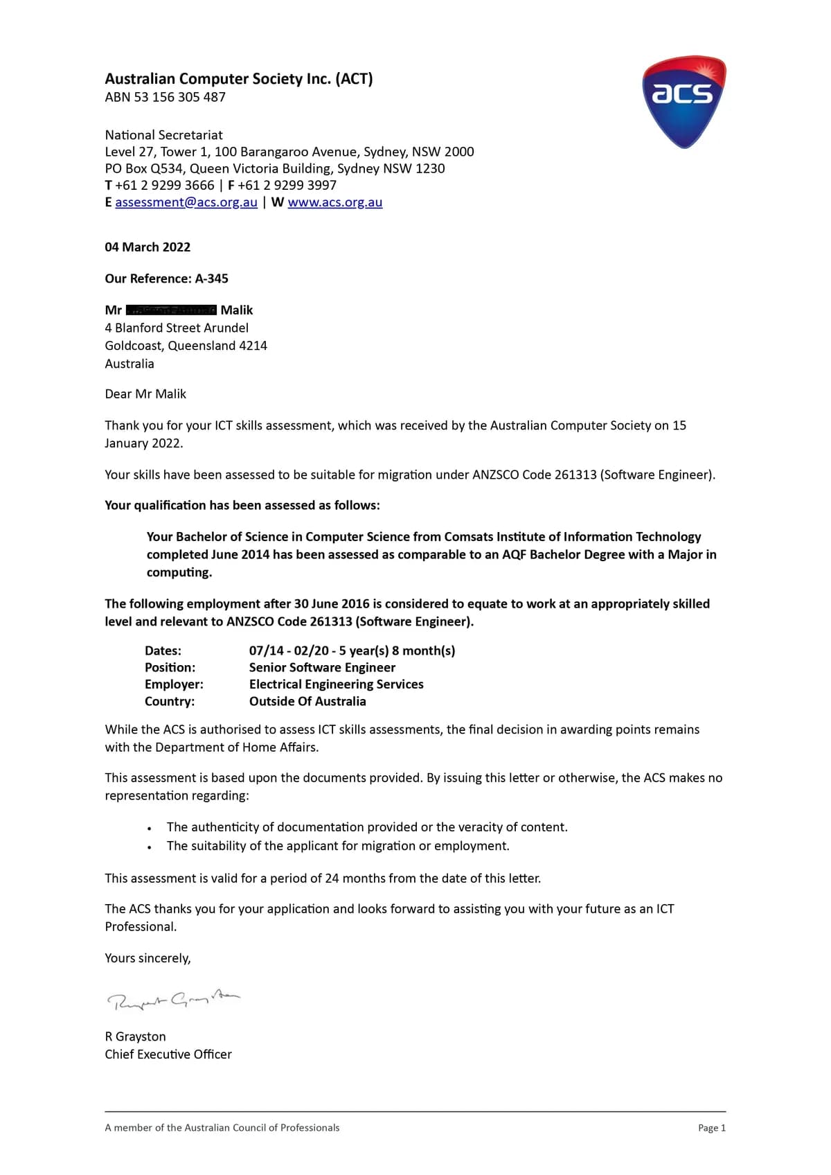 ACS positive assessment outcome for Software Engineer