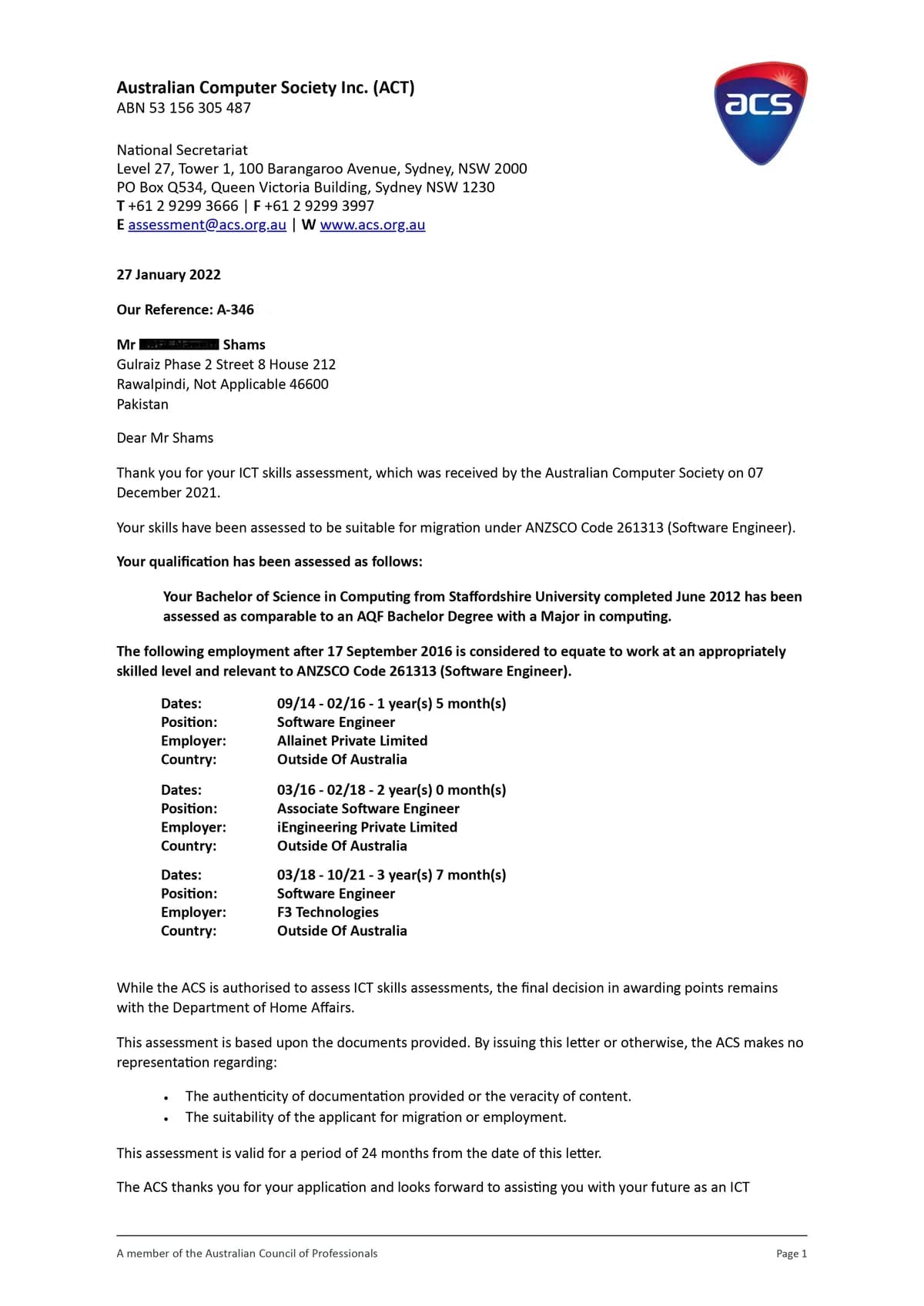ACS positive assessment outcome for Software Engineer