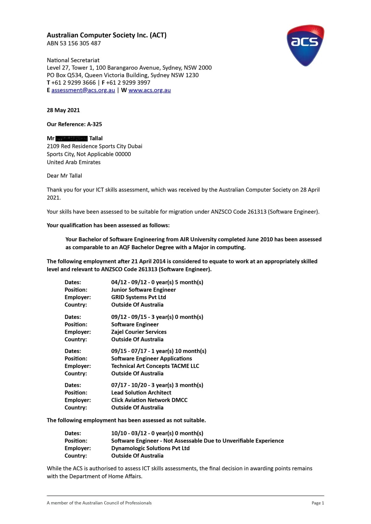 ACS positive assessment outcome for Software Engineer