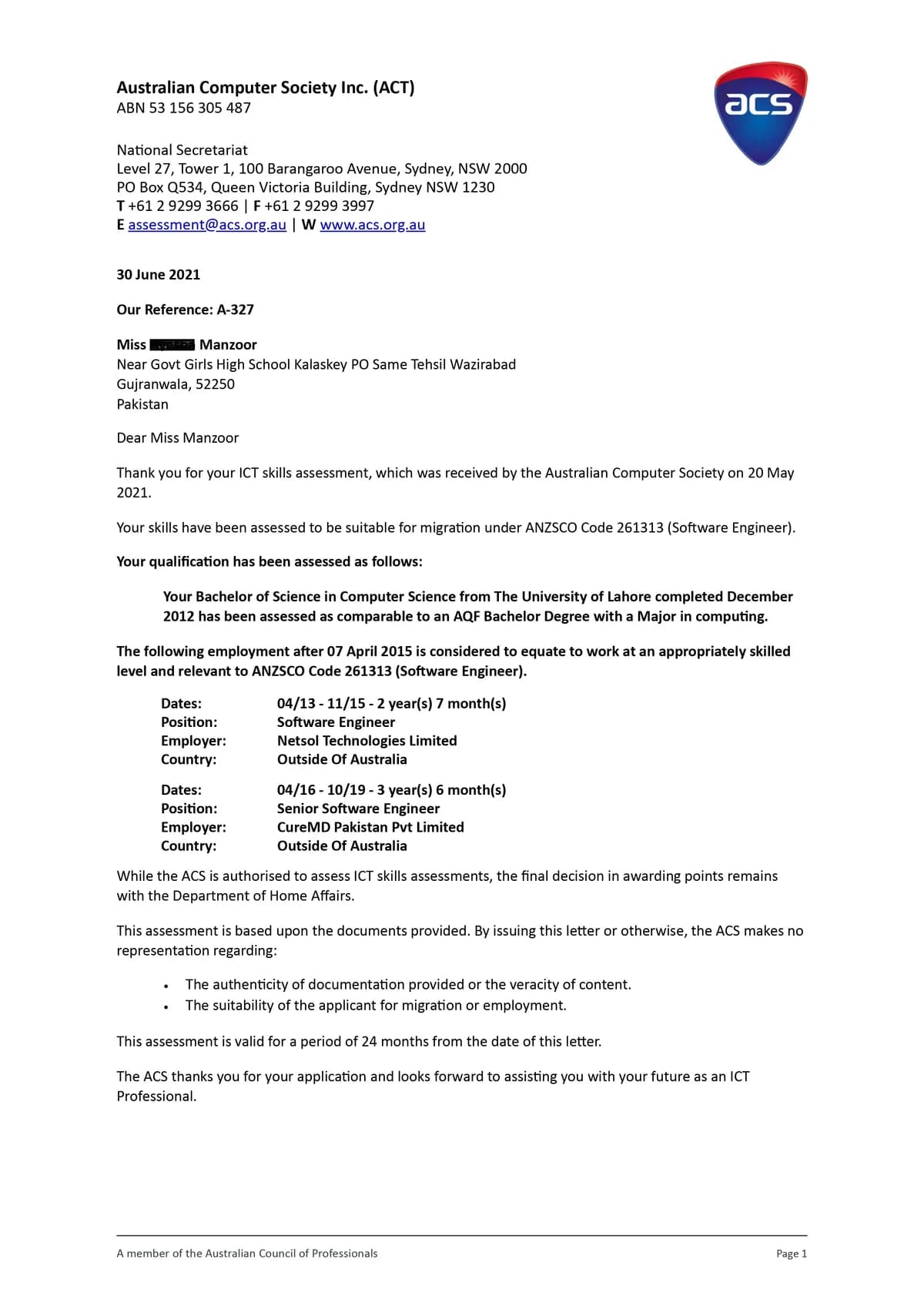 ACS positive assessment outcome for Software Engineer