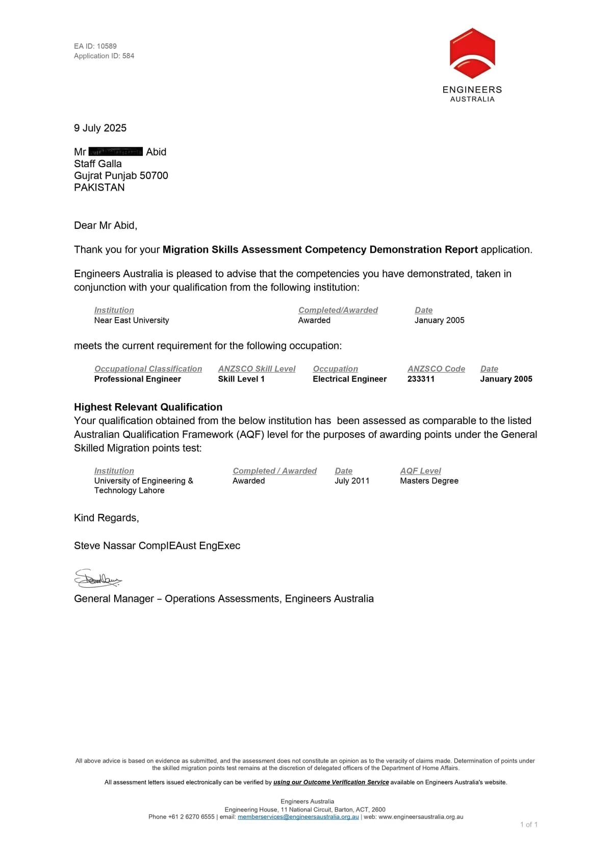 Engineers Australia positive assessment outcome for Electrical Engineer