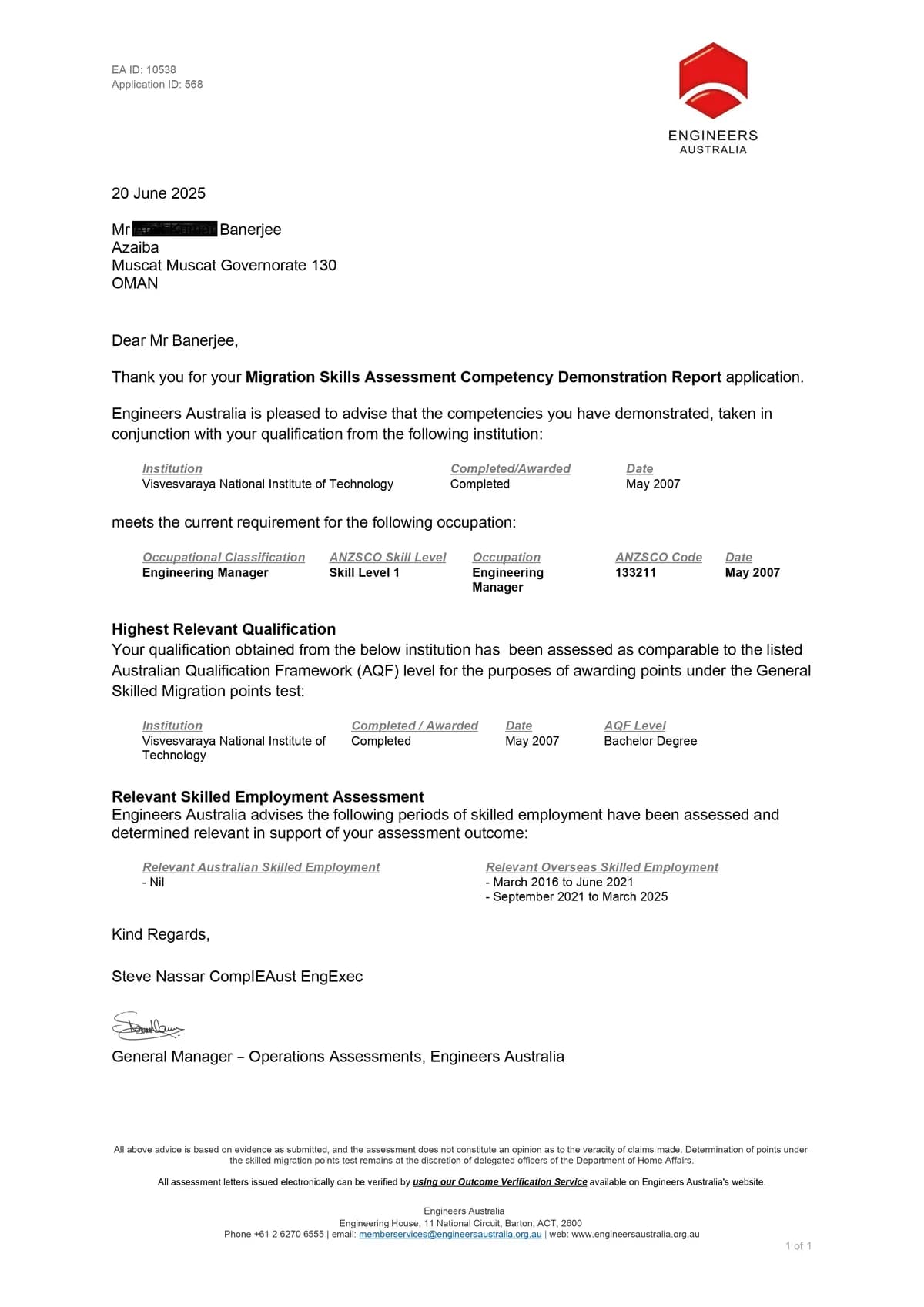 Engineers Australia positive assessment outcome for Engineering Manager