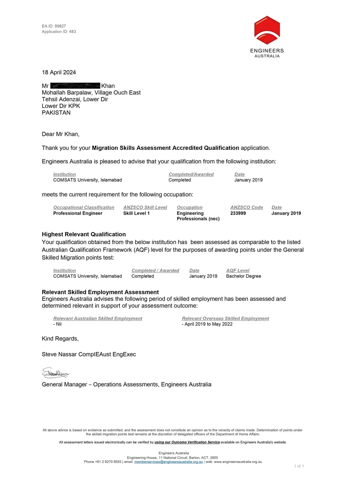 Engineers Australia positive assessment outcome for Engineering Professionals nec.