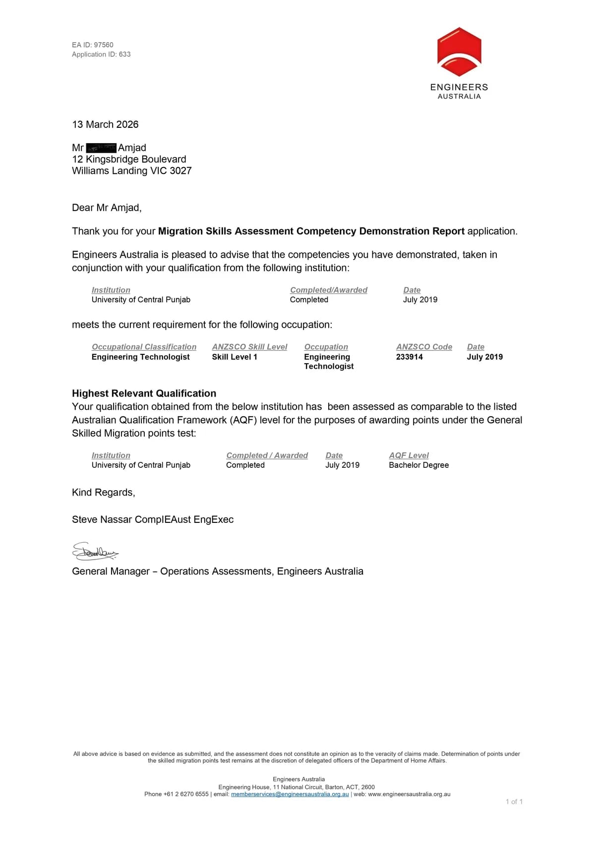 Engineers Australia positive assessment outcome for Engineering Technologist