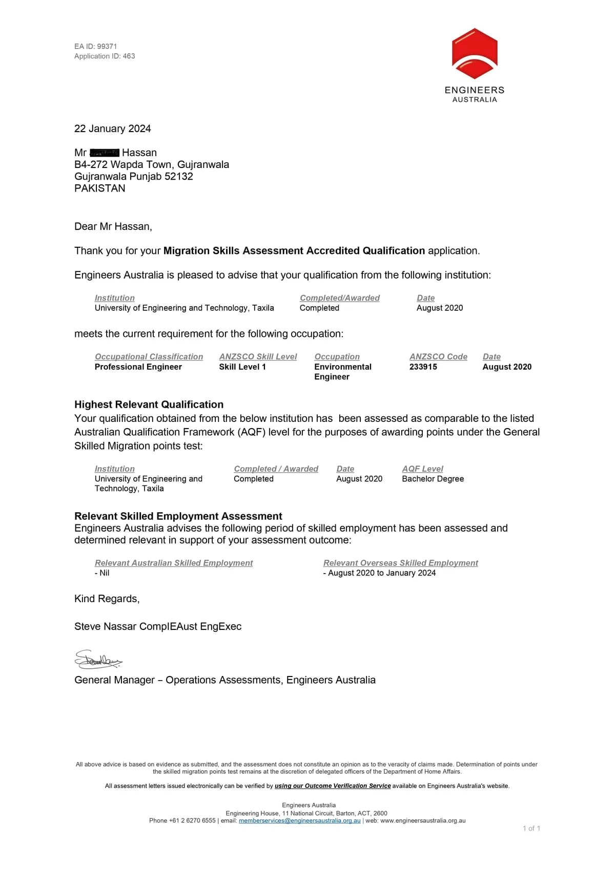 Engineers Australia positive assessment outcome for Environmental Engineer