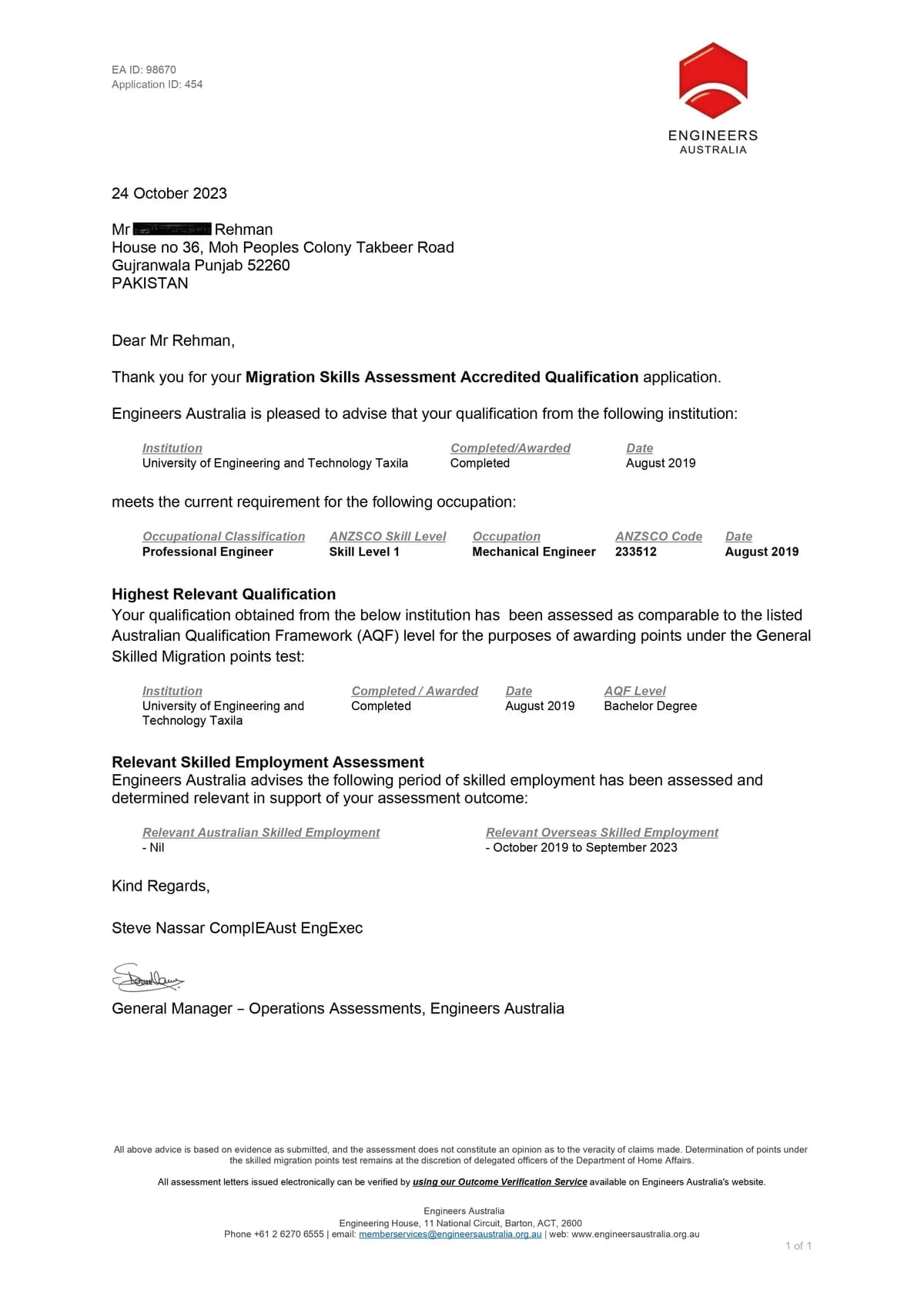 Engineers Australia positive assessment outcome for Mechanical Engineer