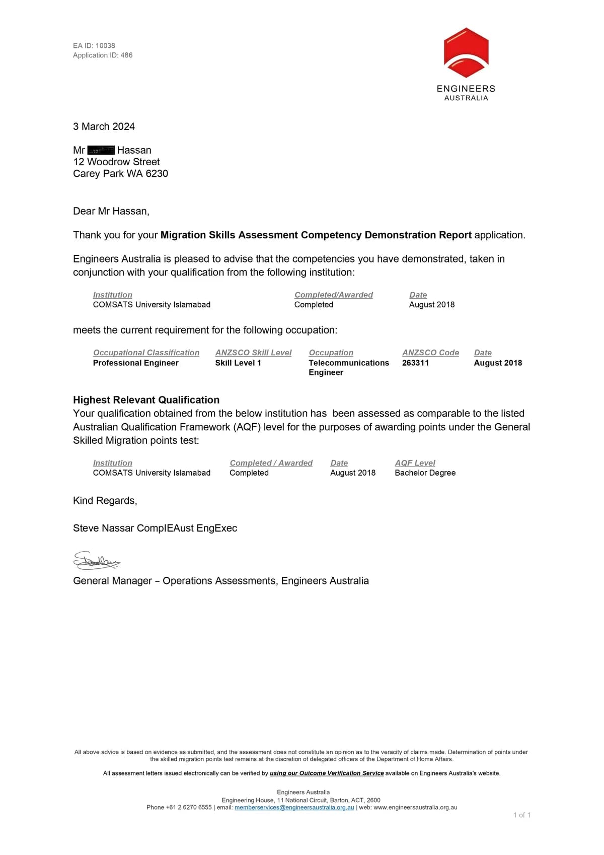 Engineers Australia positive assessment outcome for Telecommunication Engineer