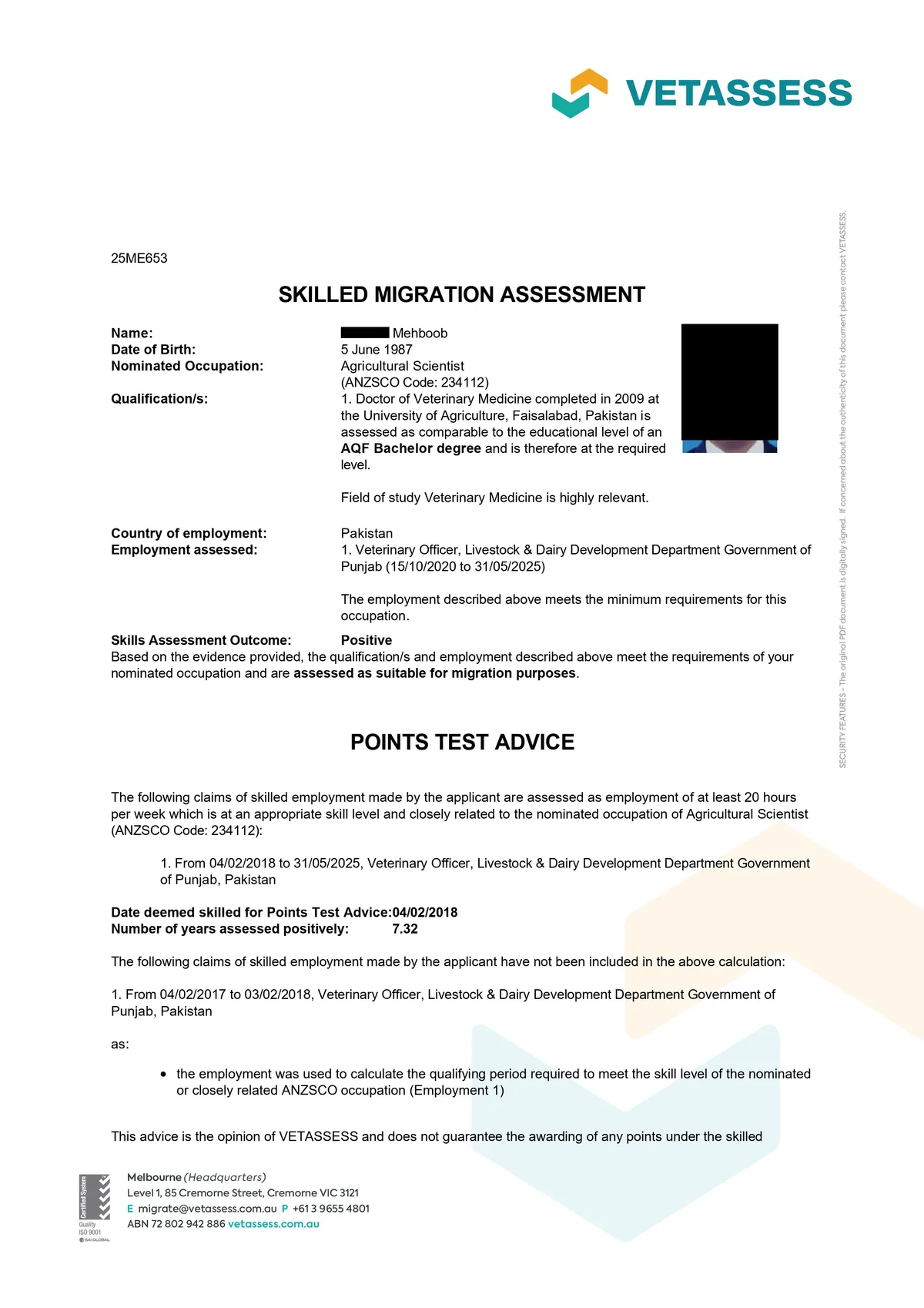 VETASSESS positive assessment outcome for Agricultural Scientist