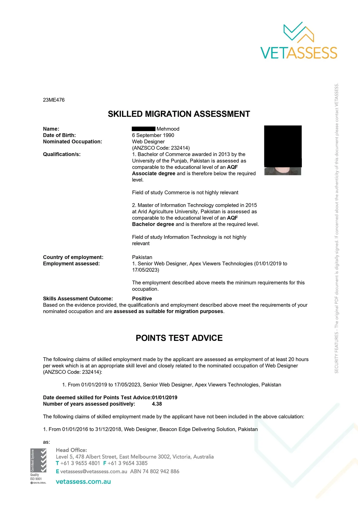 VETASSESS positive assessment outcome for Web Designer