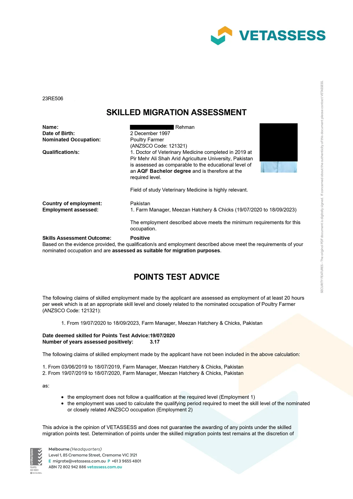 VETASSESS positive assessment outcome for Poultry Farmer