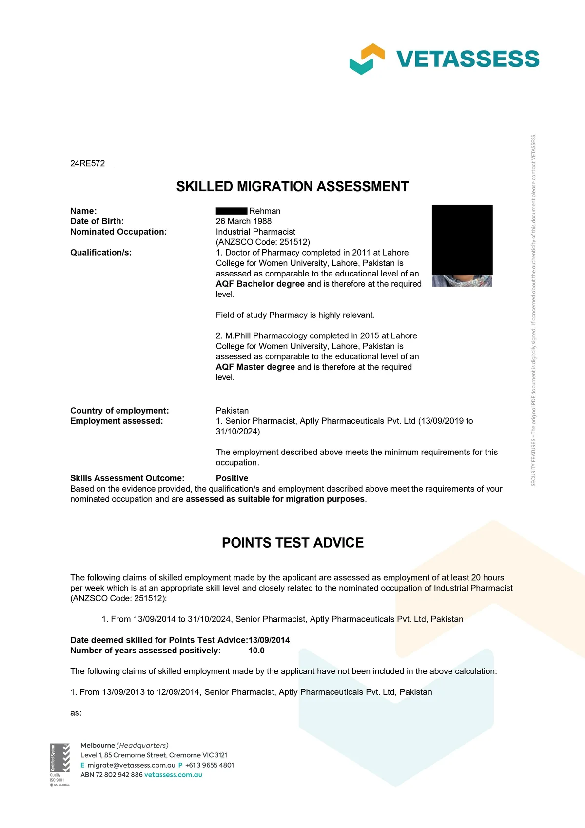 VETASSESS positive assessment outcome for Industrial Pharmacist