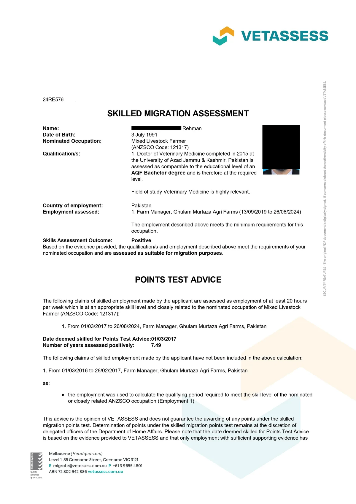 VETASSESS positive assessment outcome for Mixed Livestock Farmer