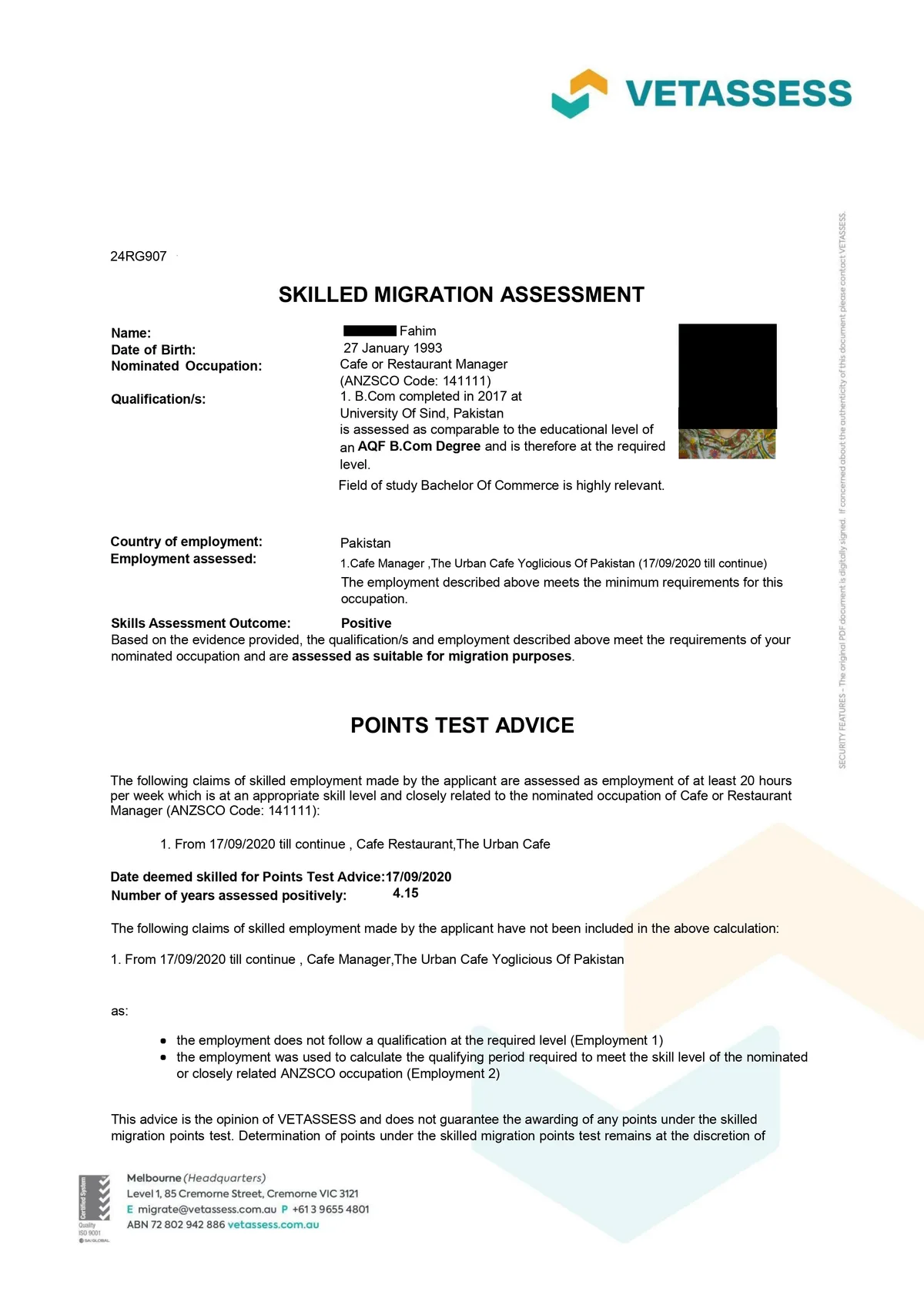 VETASSESS positive assessment outcome for Cafe or Restaurant Manager